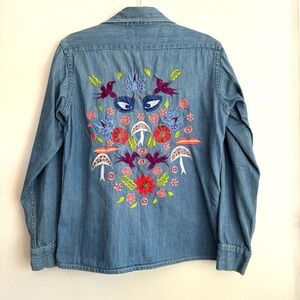 Vintage Natex Folkloric Mexican Embroidered Denim Shirt Eyes Birds‎ Mushrooms S